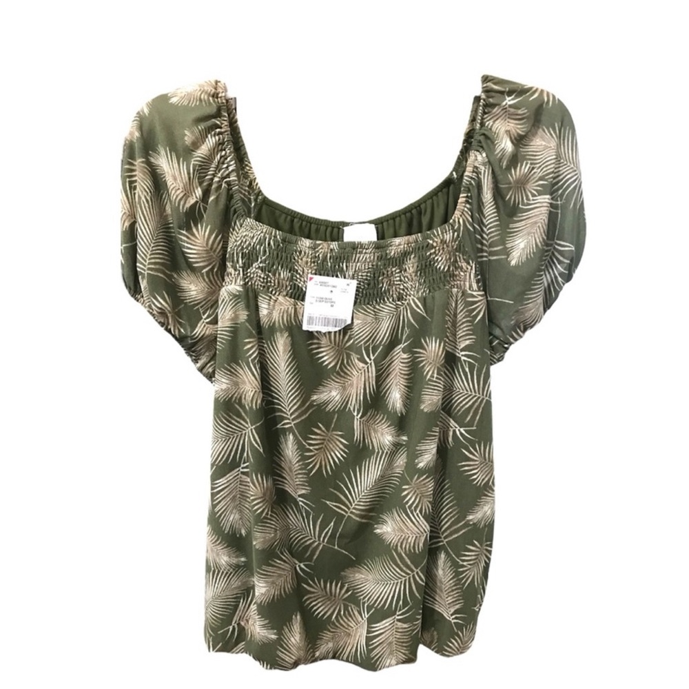 NWT Luna Palm Print Olive Blouse With Elastic Square Neckline Women Size Medium‎